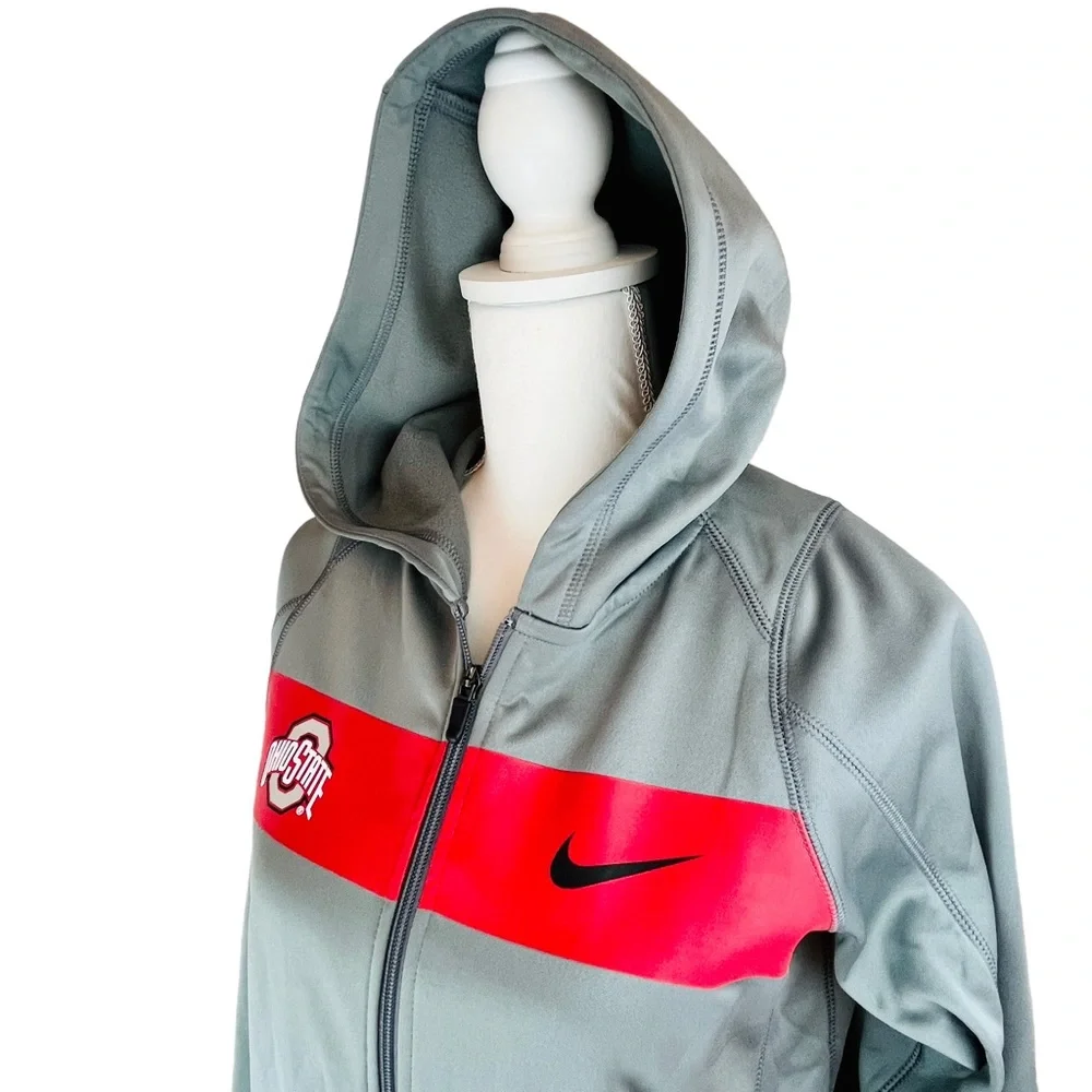 NIKE Ohio State Buckeyes‎ Gray Red  Dri Fit Full Zip Jacket Hoodie Football OSU